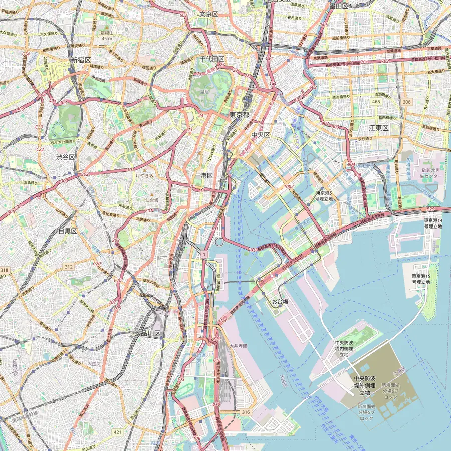 Map of inner Tokyo Bay with Rainbow Bridge, Odaiba Seaside Park, Hinode pier, Tokyo Tower and the Funasei pier in Kitashinagawa