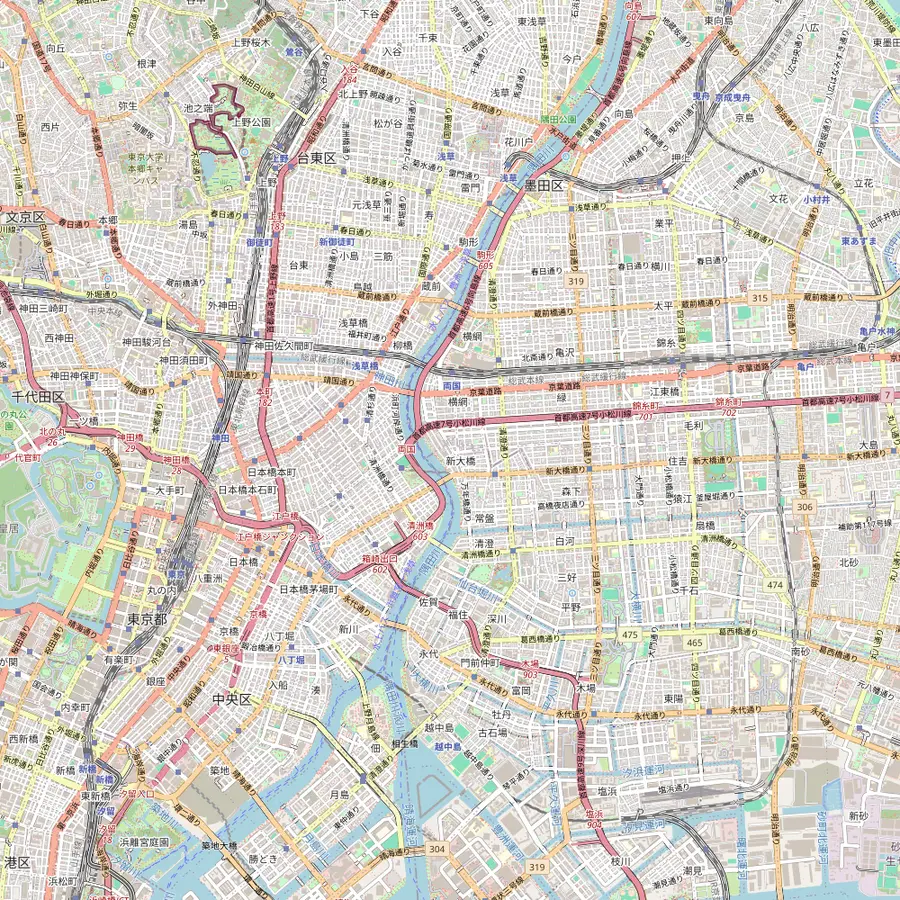 Map of the Sumida River from Sakurabashi and Asakusa down to Kachidoki Bridge, with the Azumabashi, Ryogoku and Etchujima piers and Tokyo Skytree