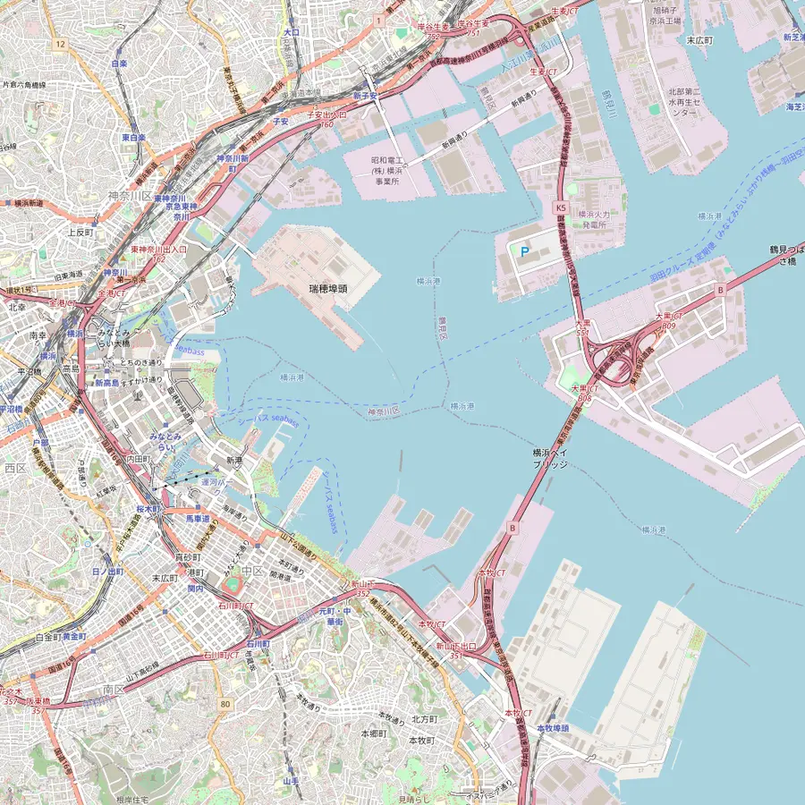 Map of Yokohama harbour with Pukari Pier at Minato Mirai and the Yokohama Bay Bridge